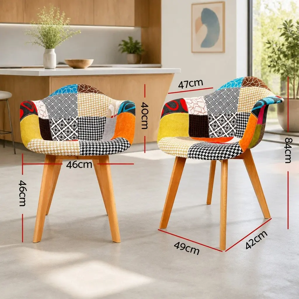 Dining Chairs Set of 4 Fabric Retro Kitchen Seating Multicolour Wooden Legs