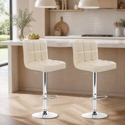 Bar Stools Set of 2 Gas Lift Swivel Leather Beige Adjustable Height Kitchen