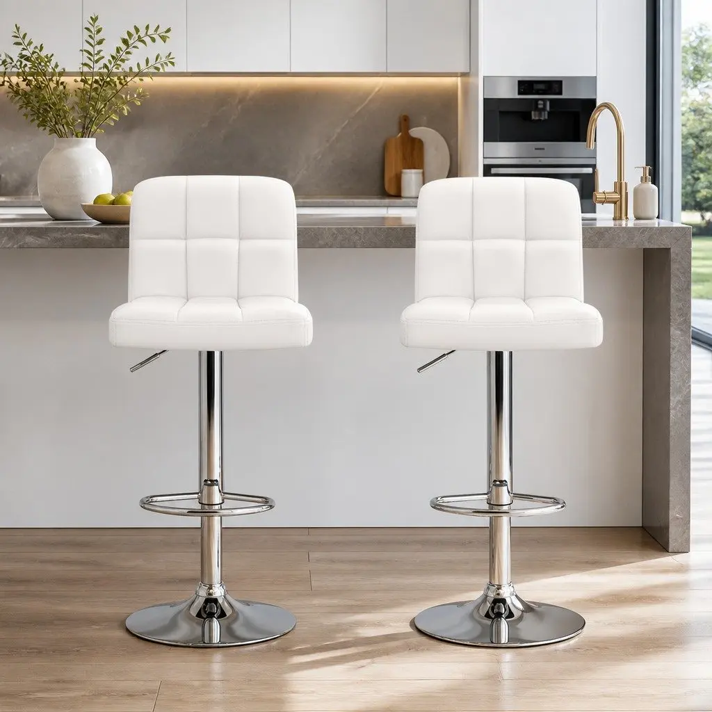 Bar Stools Adjustable Height Swivel Seat White 2 Piece