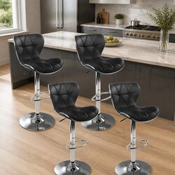 Comfortable Set of 4 Black Bar Stools with Chrome Finish