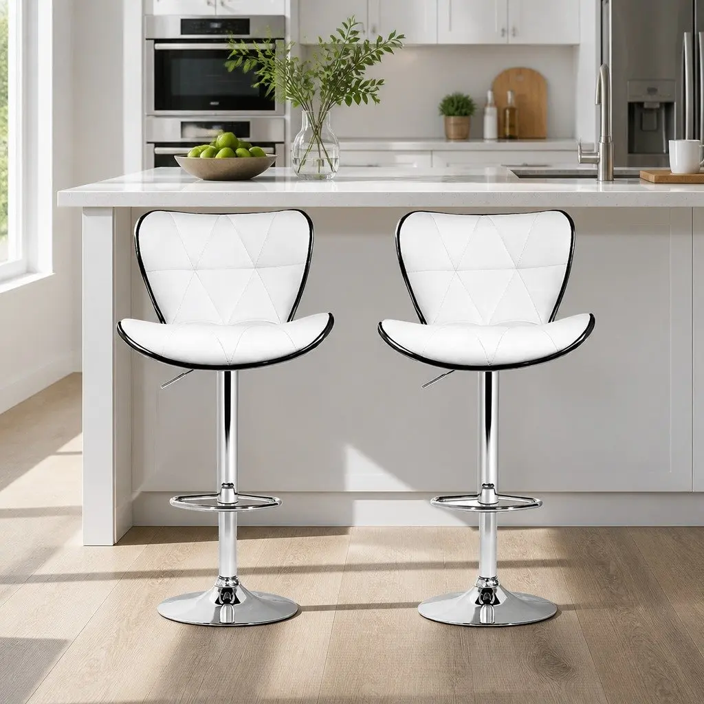Bar Stools Gas Lift Swivel Seat White Padded Set of 2 Modern Chrome Base