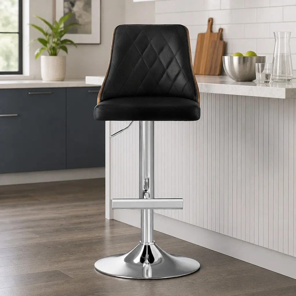 Swivel Bar Stools Adjustable Height Black Leather Kitchen Counter Seat Set of 2