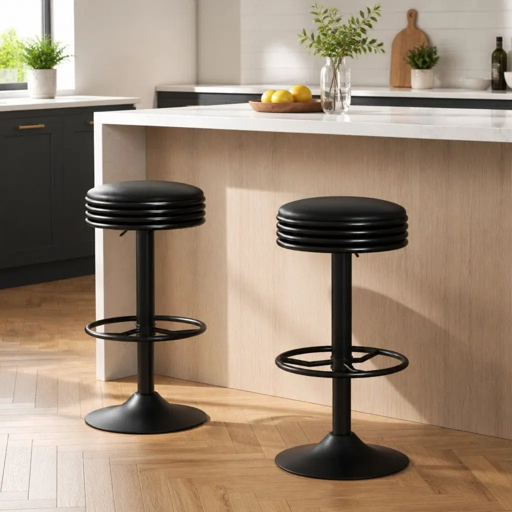 Bar Stools Padded Seat Swivel Gas Lift Chrome Base Black Set of 2