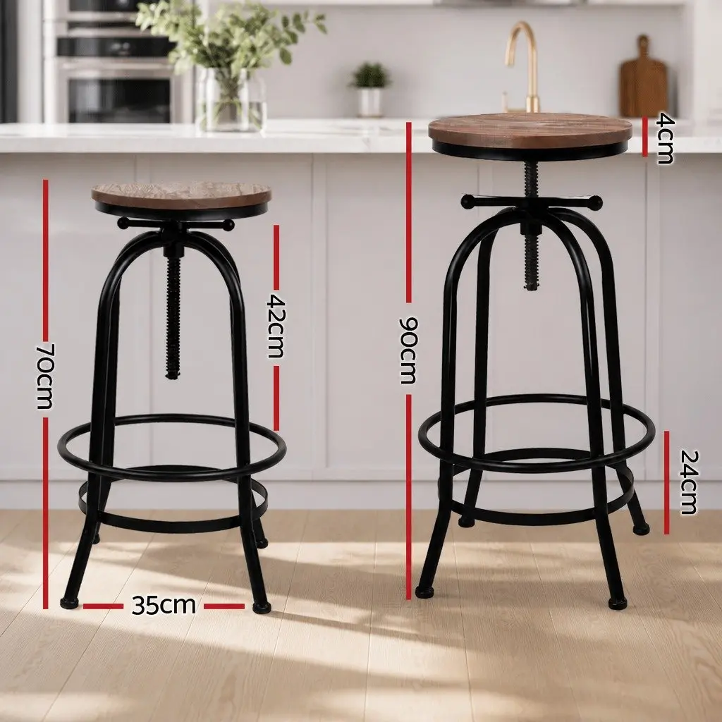 Bar Stools Adjustable Height Swivel Wooden Seat Black Frame Set of 2 Kitchen