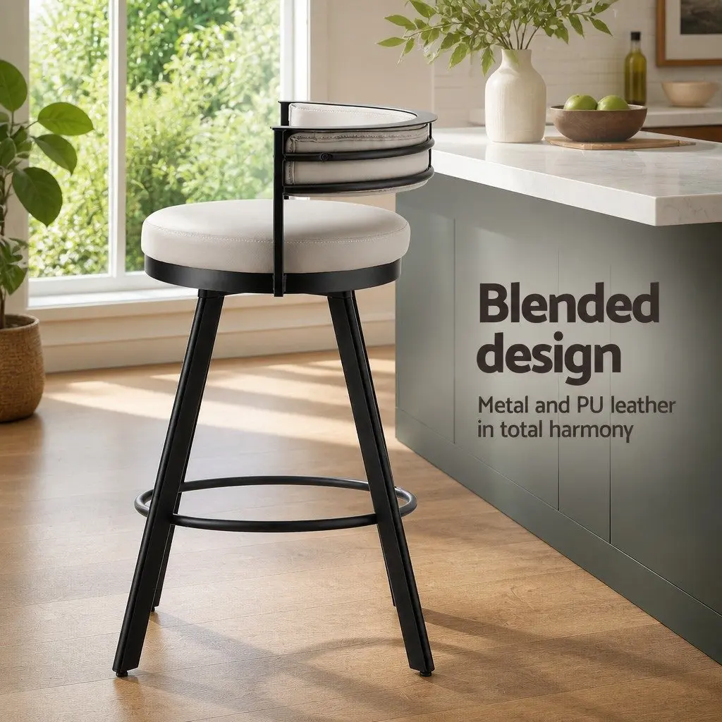 Bar Stools Swivel Kitchen Chair 360 Degree Rotating Beige Padded Seat Metal Frame
