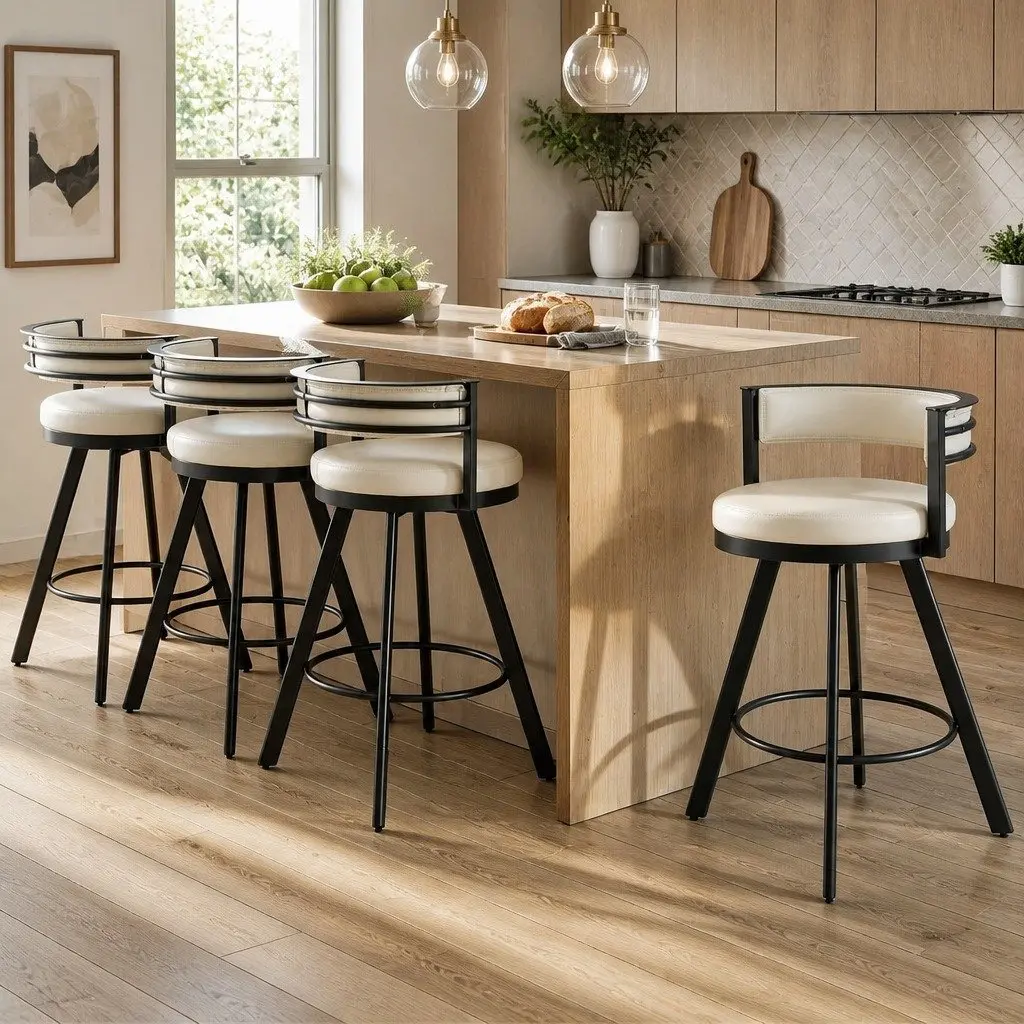 Bar Stools Set of 4 Swivel Kitchen Chair Metal Counter Beige PU Leather Padded