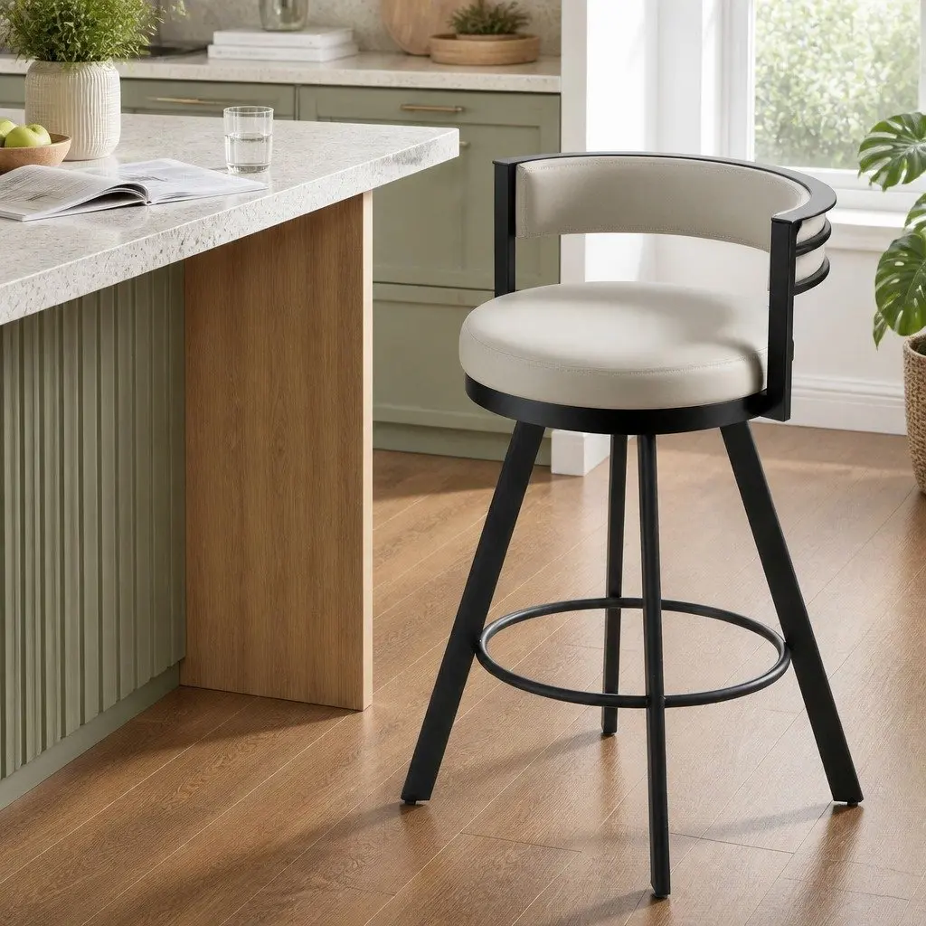 Beige Swivel Bar Stool with Footrest