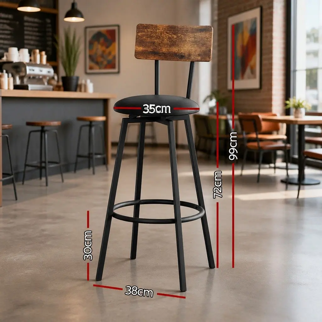 Industrial Bar Stools Set of 2 Upholstered Counter Chairs 72cm Height Black Steel Frame
