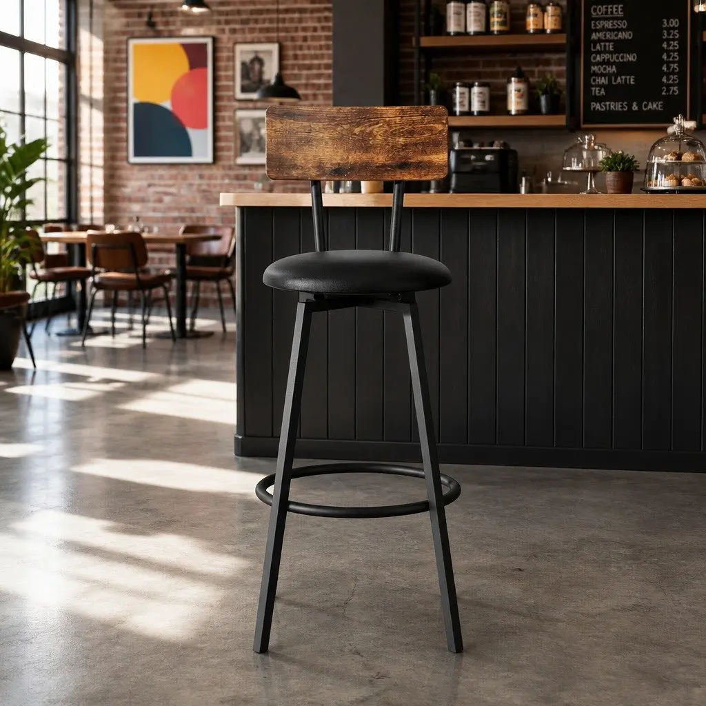 Industrial Bar Stools Set of 2 Upholstered Counter Chairs 72cm Height Black Steel Frame