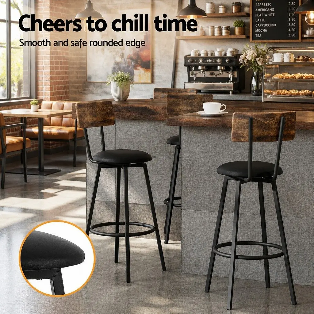 Industrial Bar Stools Set of 2 Upholstered Counter Chairs 72cm Height Black Steel Frame