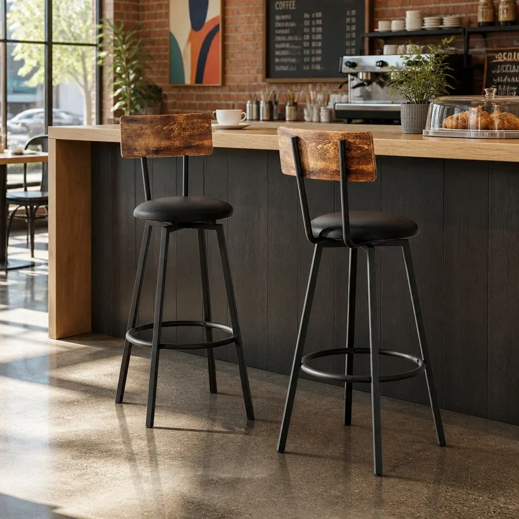 Industrial Bar Stools Set of 2 Upholstered Counter Chairs 72cm Height Black Steel Frame