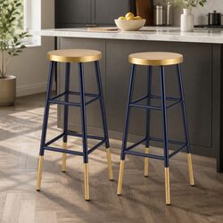 Set of 2 Stylish Bar Stools in Navy and Gold