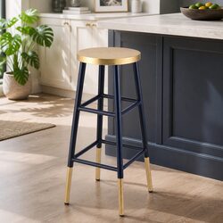 Bar Stools Metal Navy Gold Two-Tone Round Seat Kitchen Dining Chair Set