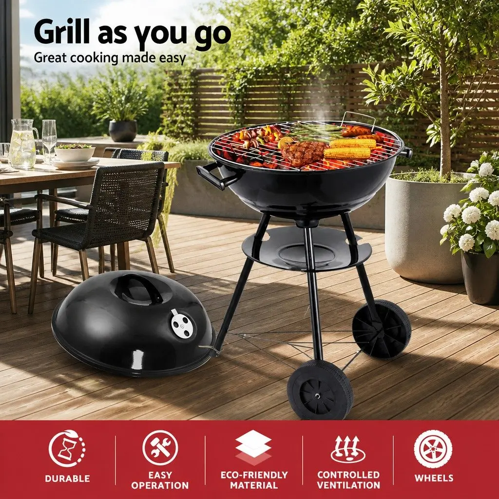 Portable BBQ Charcoal Smoker Grill with Wheels Outdoor Cooking Black