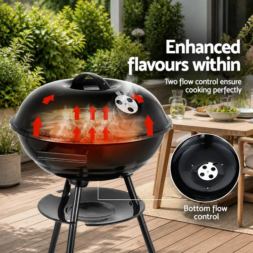 Portable BBQ Charcoal Smoker Grill with Wheels Outdoor Cooking Black