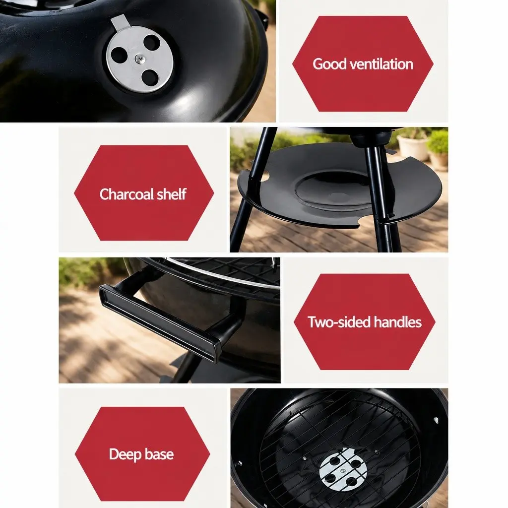 Portable BBQ Charcoal Smoker Grill with Wheels Outdoor Cooking Black