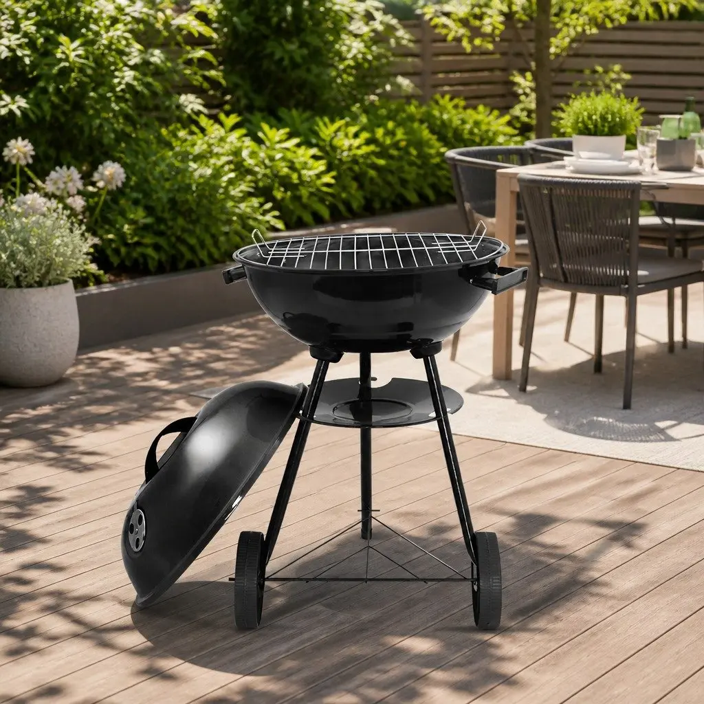 Portable BBQ Charcoal Smoker Grill with Wheels Outdoor Cooking Black