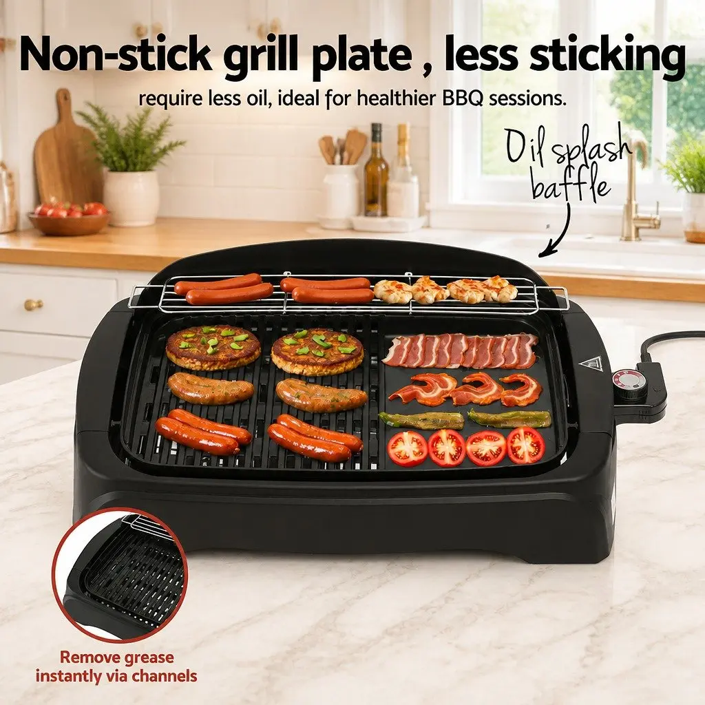 Electric BBQ Grill Smokeless Non-stick Plate 1950W Indoor Outdoor 52cm x 36cm Black