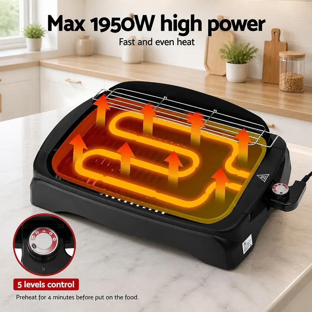 Electric BBQ Grill Smokeless Non-stick Plate 1950W Indoor Outdoor 52cm x 36cm Black