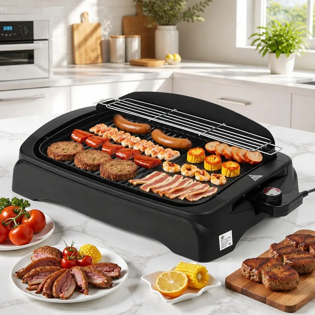 Electric BBQ Grill Smokeless Non-stick Plate 1950W Indoor Outdoor 52cm x 36cm Black