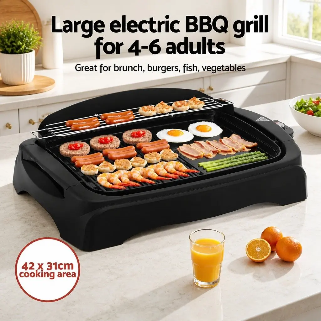 Electric BBQ Grill Smokeless Non-stick Plate 1950W Indoor Outdoor 52cm x 36cm Black