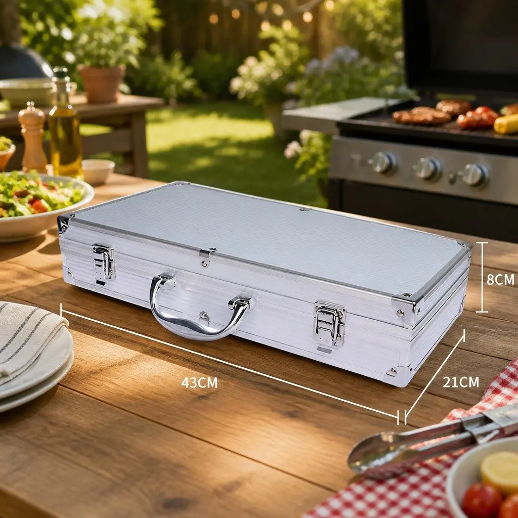 10 Piece BBQ Tool Set Stainless Steel Grilling Tools Portable Aluminium Case Silver