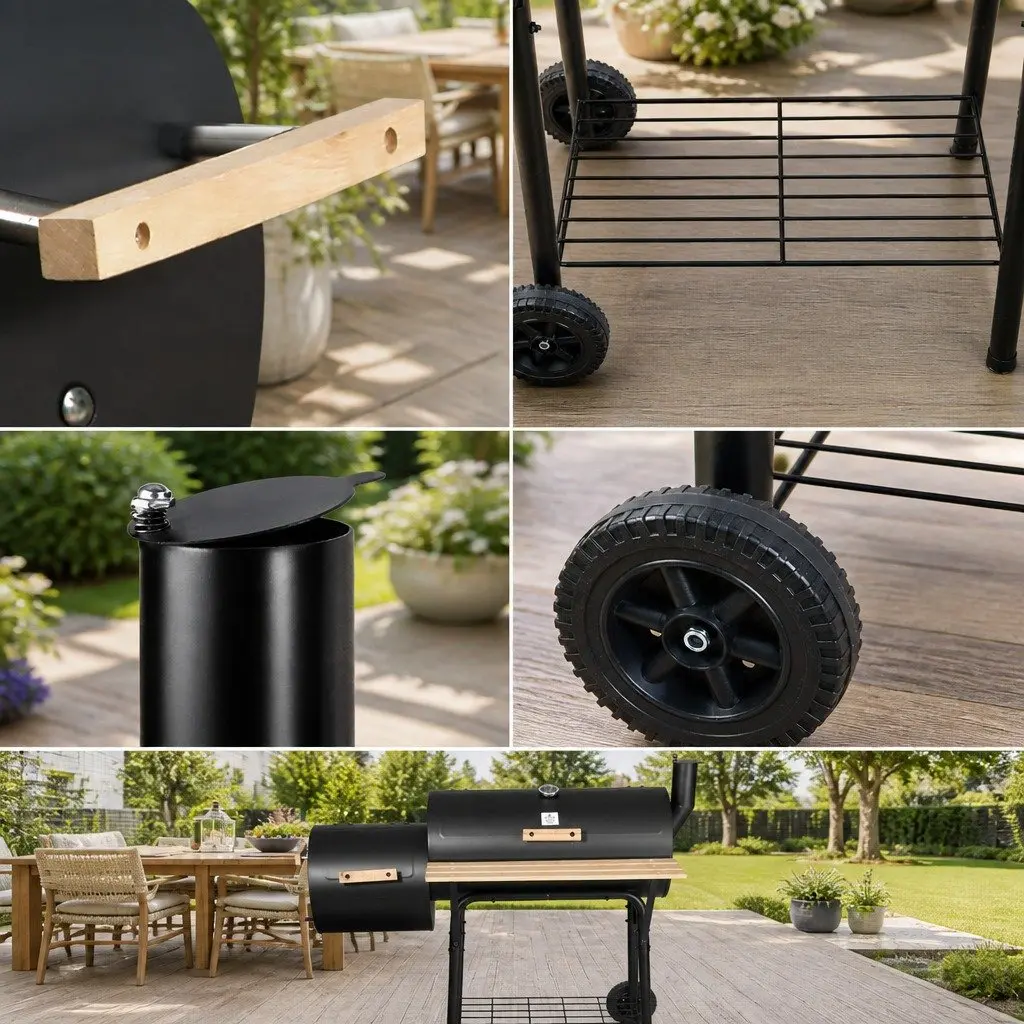 Offset Charcoal BBQ Smoker 2-In-1 Grill Portable Outdoor Cooking Black Steel