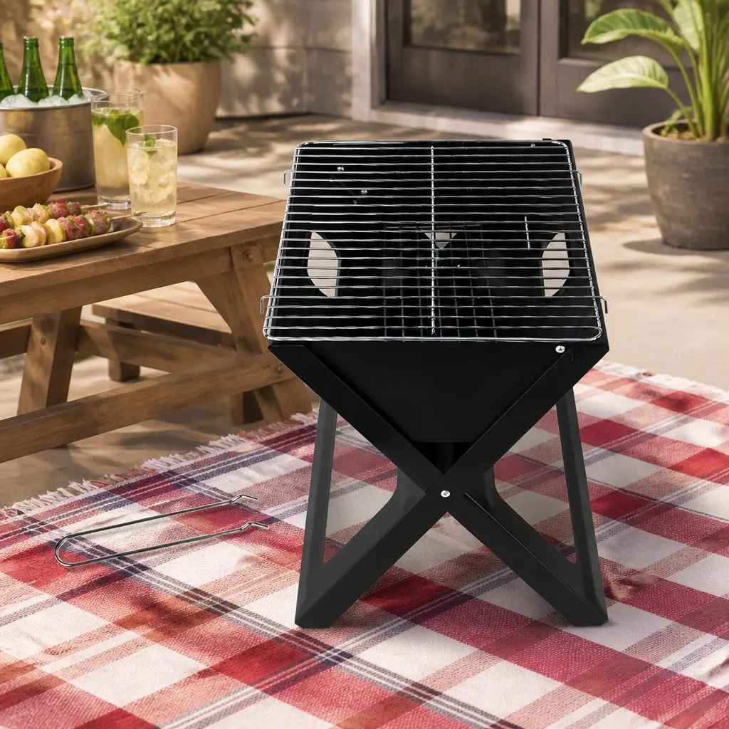 Portable Charcoal BBQ Grill Foldable Smoker Compact Outdoor Cooking Black