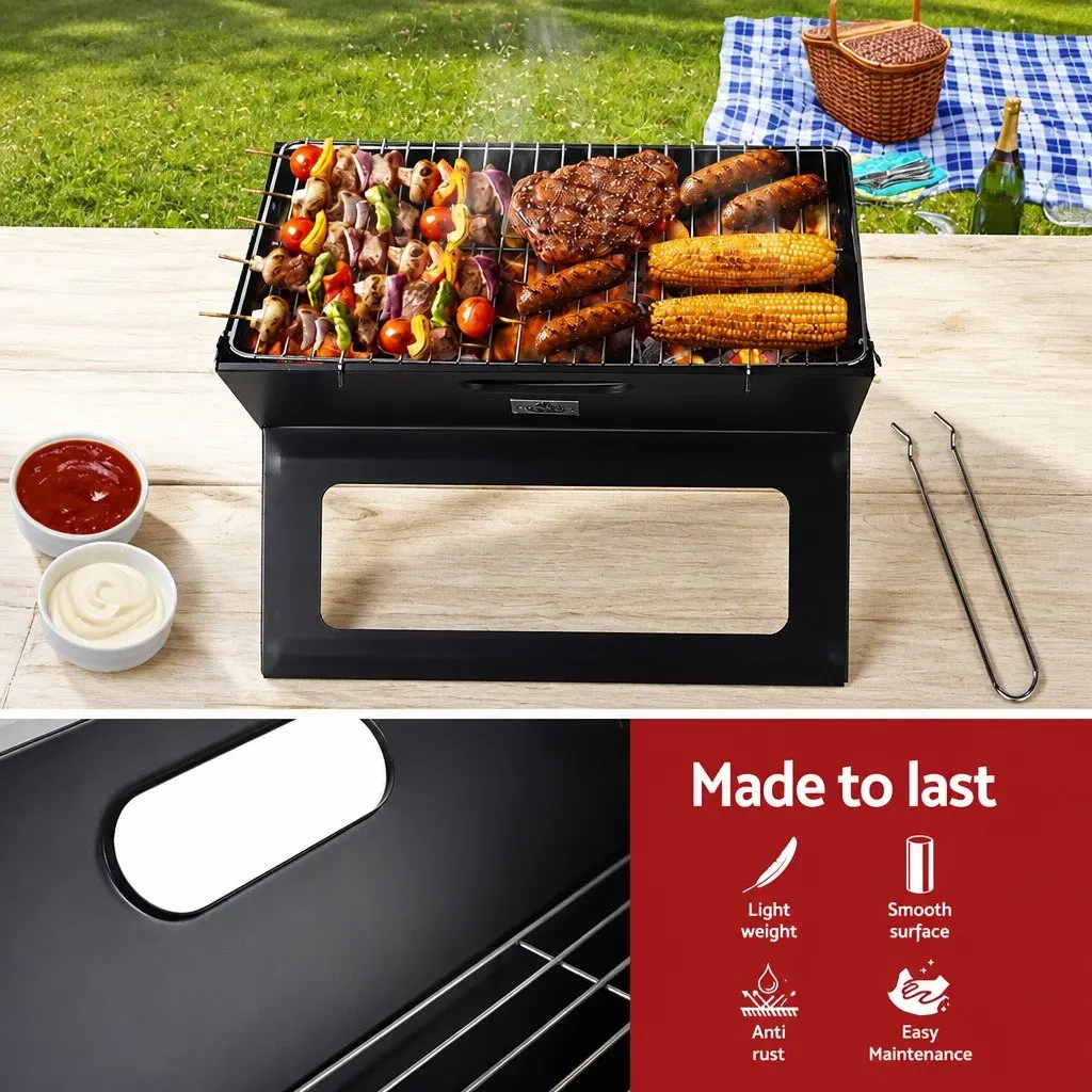 Portable Charcoal BBQ Grill Foldable Smoker Compact Outdoor Cooking Black