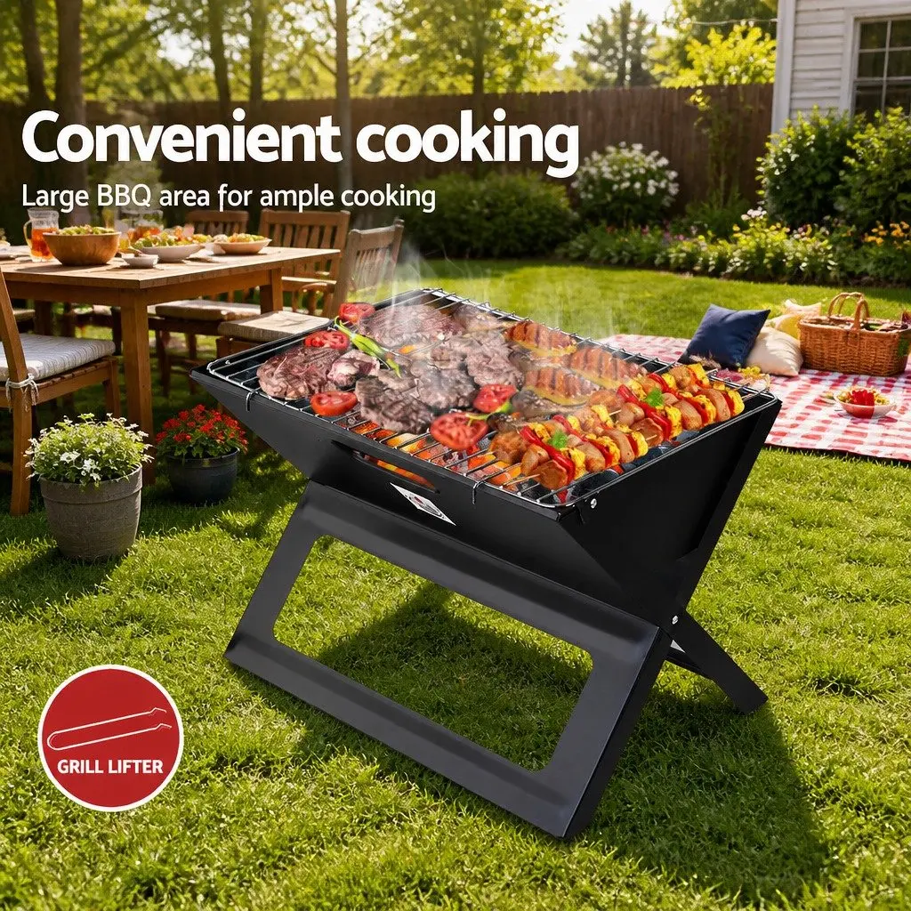 Portable Charcoal BBQ Grill Foldable Smoker Compact Outdoor Cooking Black