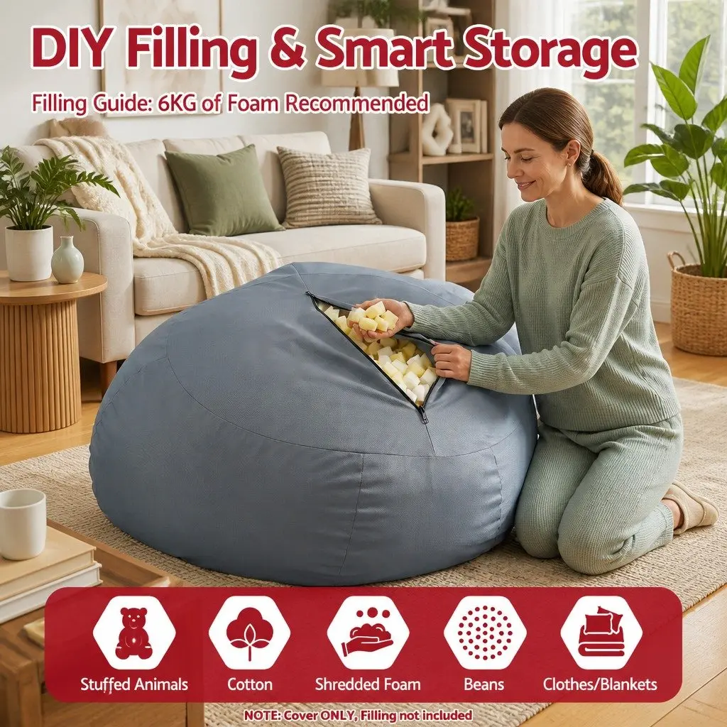 Bean Bag Chair Cover Ergonomic L-Shape Water-Resistant Grey Indoor Outdoor