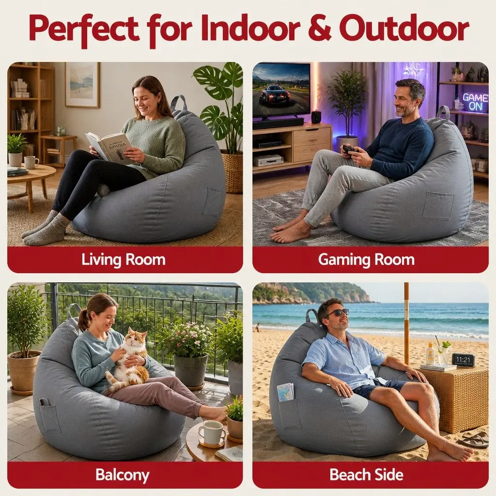 Bean Bag Chair Cover Ergonomic L-Shape Water-Resistant Grey Indoor Outdoor