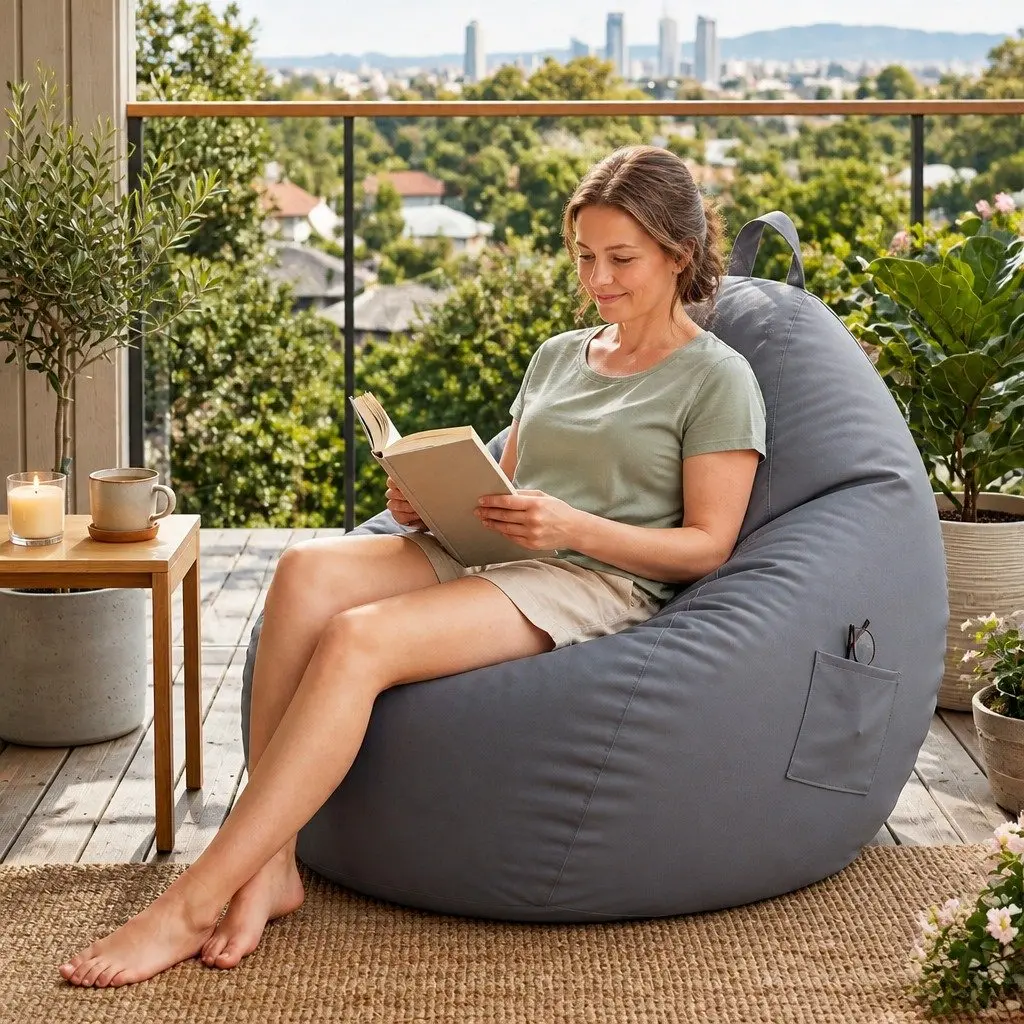 Bean Bag Chair Cover Ergonomic L-Shape Water-Resistant Grey Indoor Outdoor
