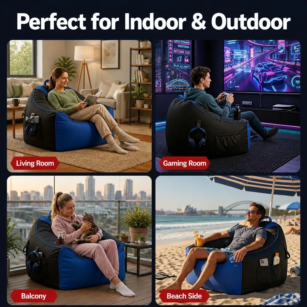 Gaming Bean Bag Chair Cover Lounge Seat 96cm x 85cm Blue Black