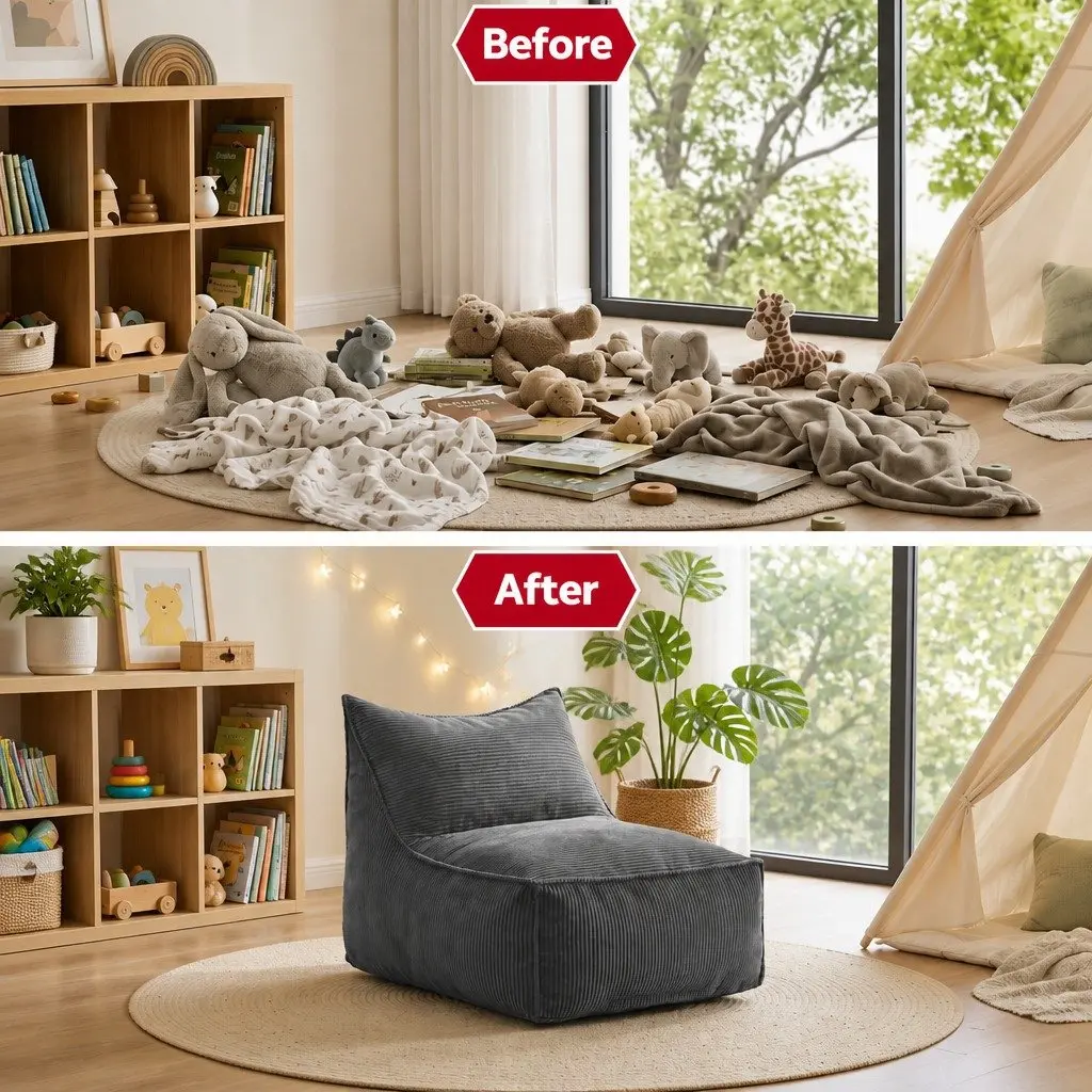 Bean Bag Chair Cover L-Shaped Grey Corduroy Soft Sofa