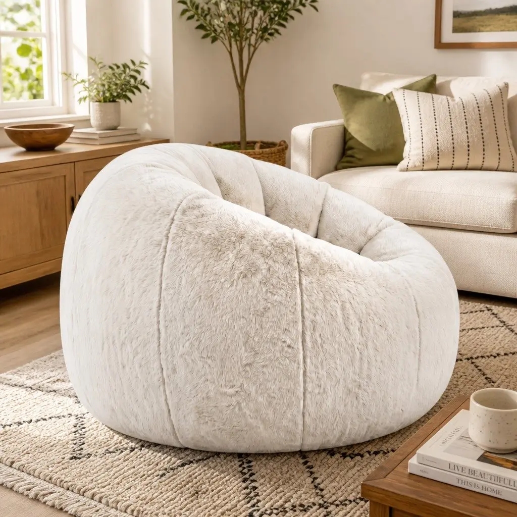 Bean Bag Chair Cover Large Round Faux Fur Soft Washable Storage Sofa for Adults