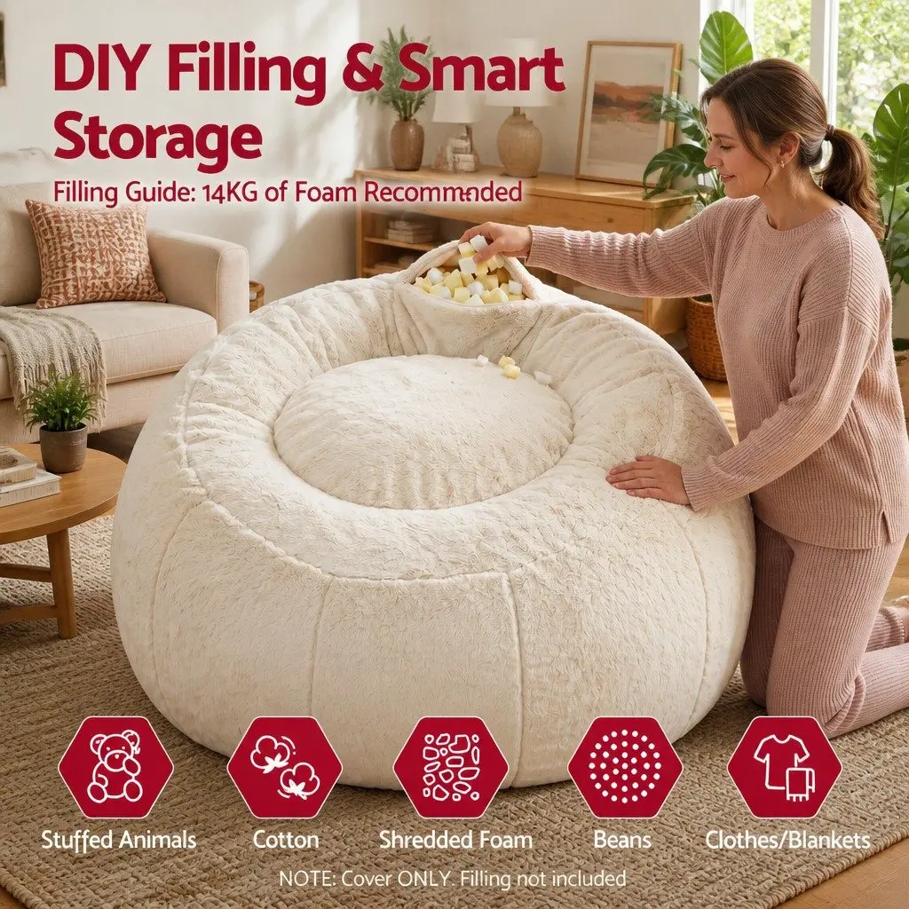 Bean Bag Chair Cover Large Round Faux Fur Soft Washable Storage Sofa for Adults