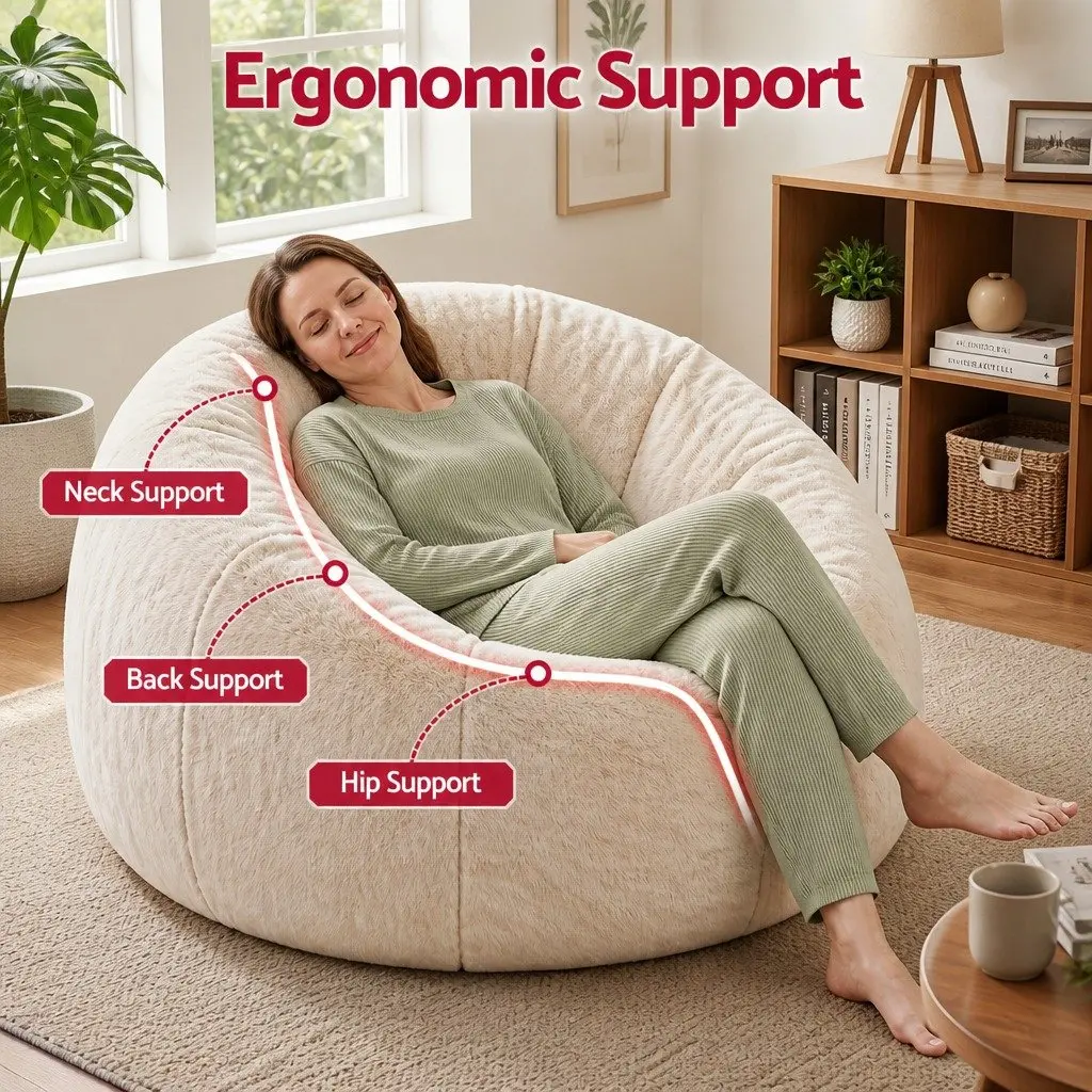 Bean Bag Chair Cover Large Round Faux Fur Soft Washable Storage Sofa for Adults