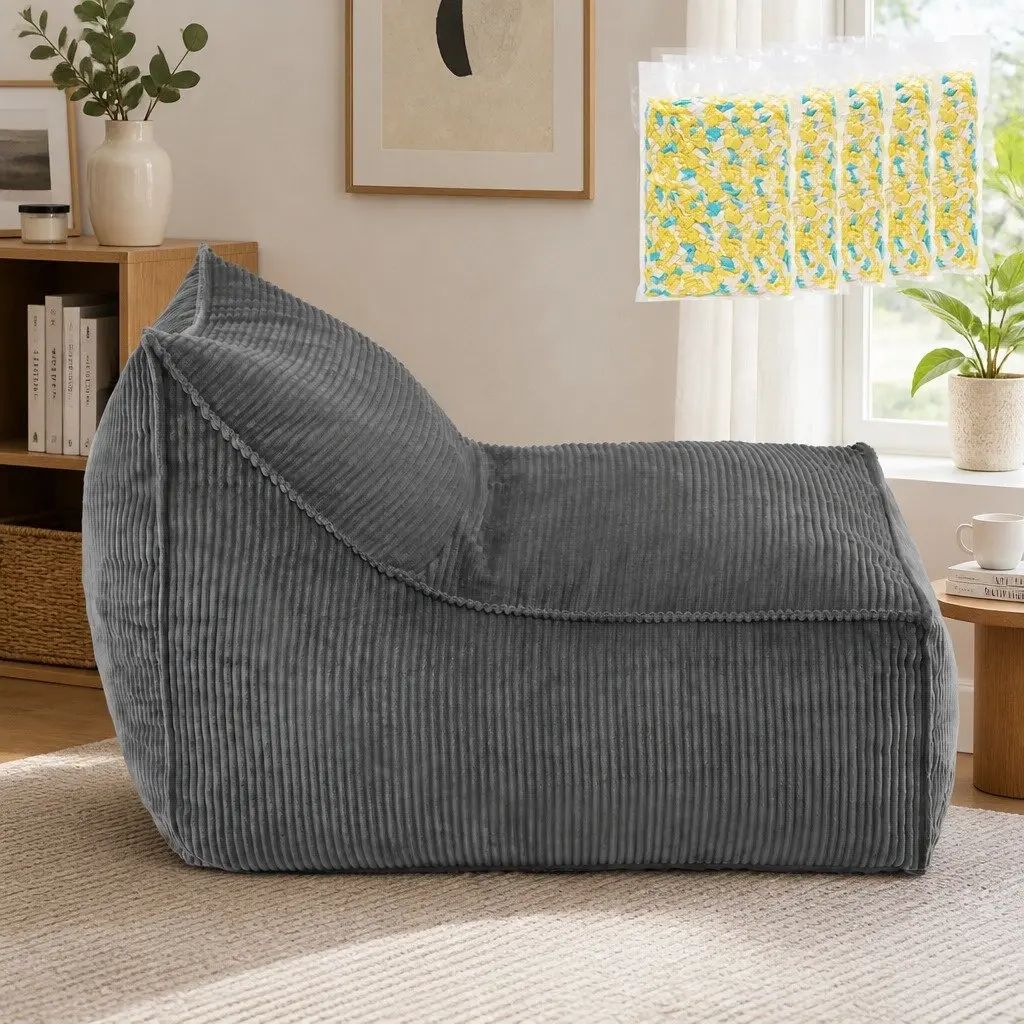 Bean Bag Chair Cover with Filler L-Shaped Corduroy Soft Foam Storage Lounge Seat