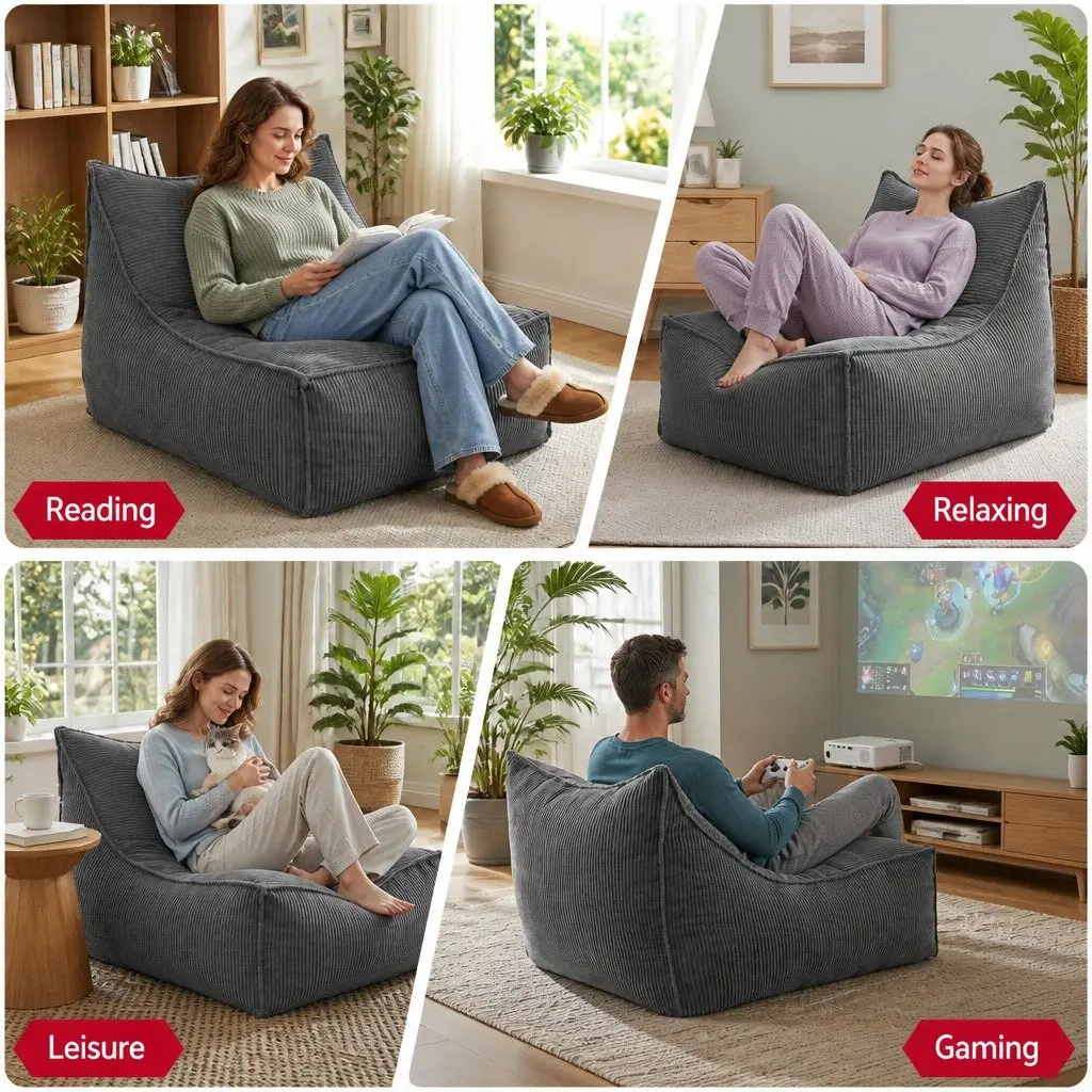 Bean Bag Chair Cover with Filler L-Shaped Corduroy Soft Foam Storage Lounge Seat