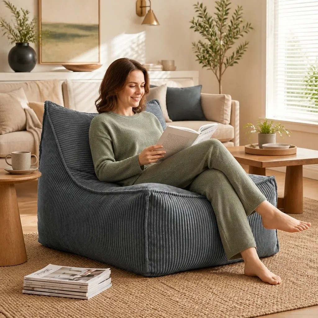 Bean Bag Chair Cover with Filler L-Shaped Corduroy Soft Foam Storage Lounge Seat