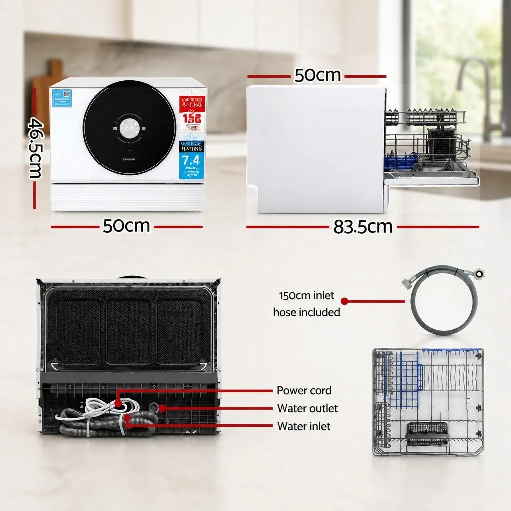 6-Place Setting Benchtop Dishwasher 50cm White Freestanding Built-in Kitchen