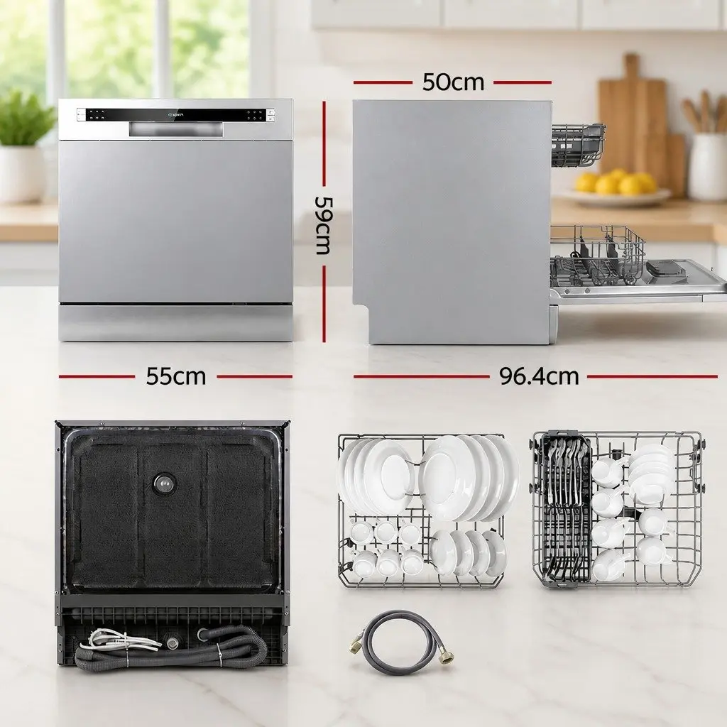 Benchtop Dishwasher 8 Place Settings Silver Freestanding Compact Kitchen