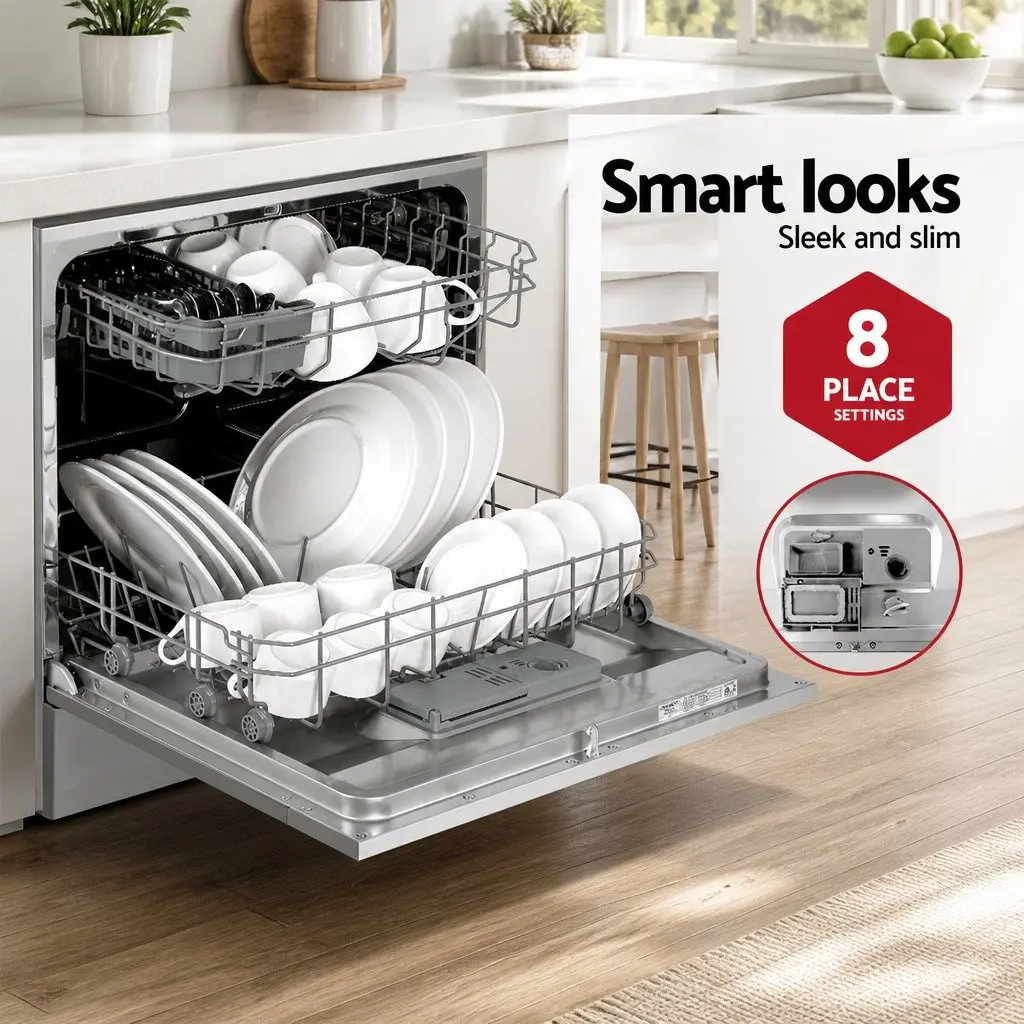 Benchtop Dishwasher 8 Place Settings Silver Freestanding Compact Kitchen