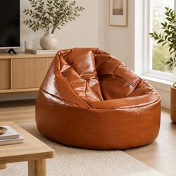 Bean Bag Chair Cover PU Leather Tan Modern Stylish Soft Squishy Easy Fill Zipper