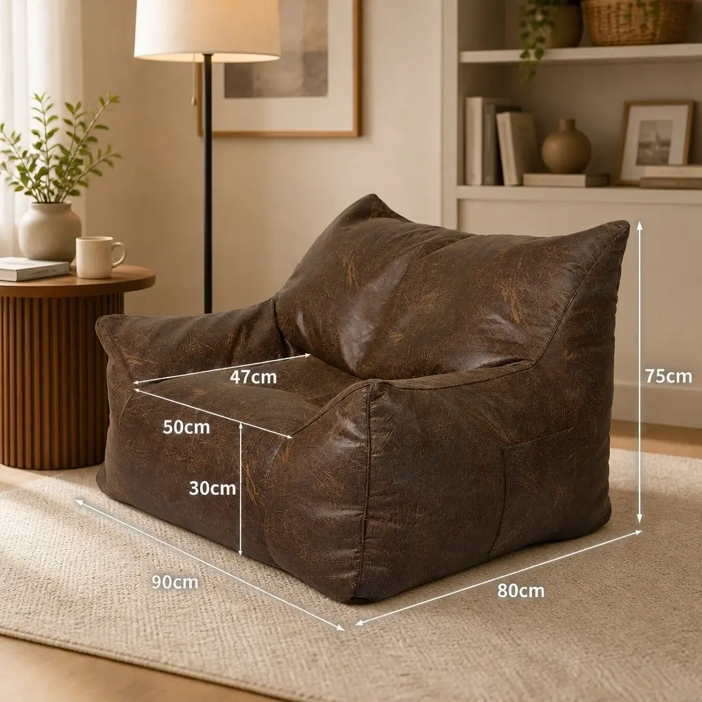 Bean Bag Chair Cover Indoor Dark Brown PU Leather Easy Clean Zipper Portable