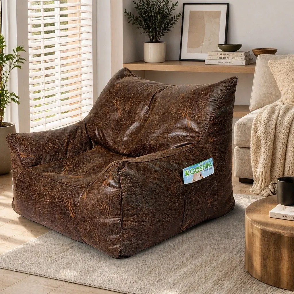 Bean Bag Chair Cover Indoor Dark Brown PU Leather Easy Clean Zipper Portable
