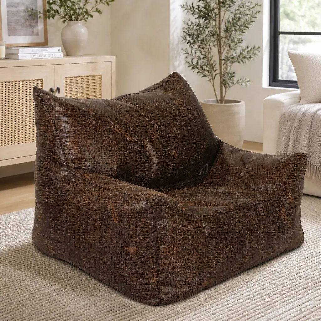 Bean Bag Chair Cover Indoor Dark Brown PU Leather Easy Clean Zipper Portable