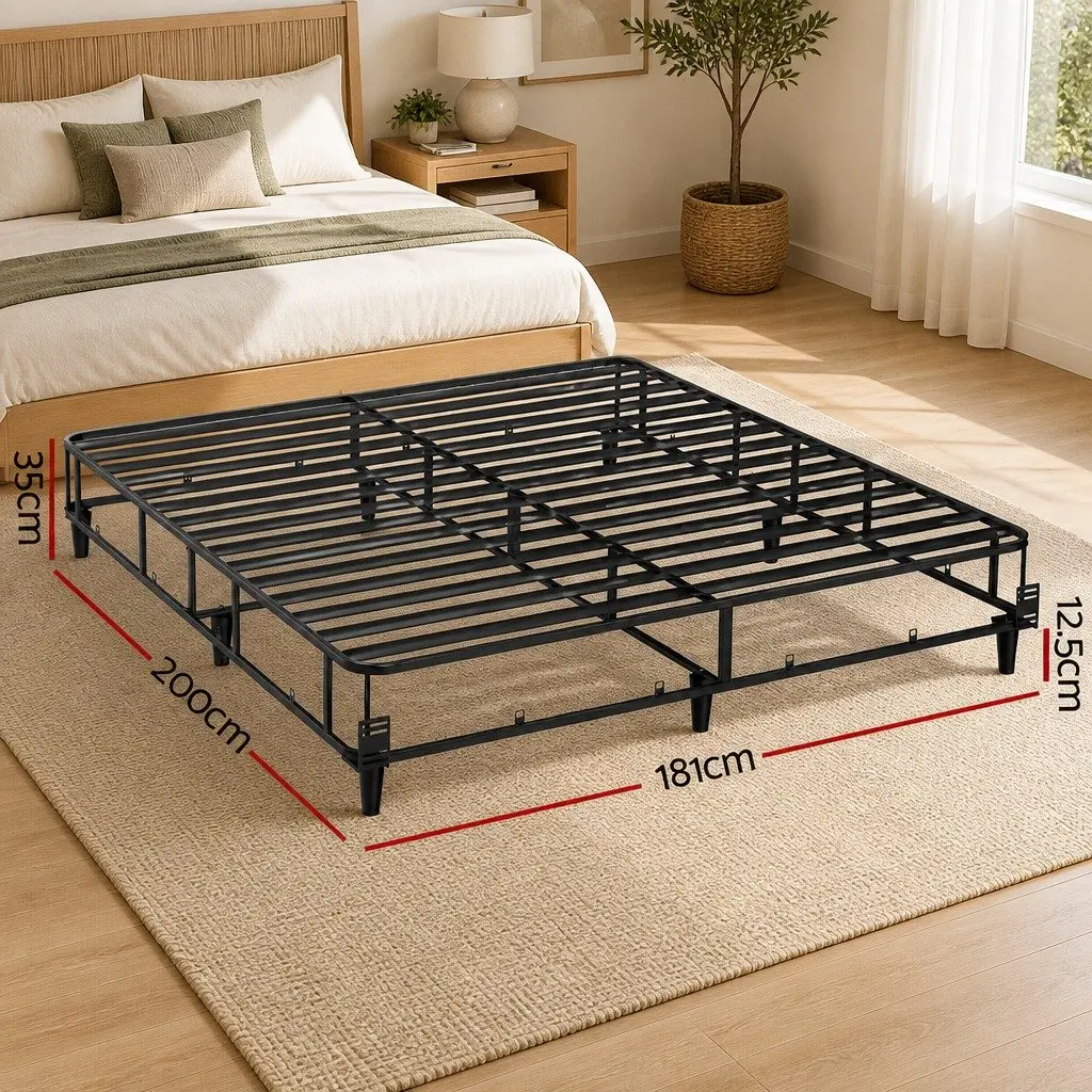Metal Bed Frame King Size Grey Fabric Cover Sturdy Slat Support Platform