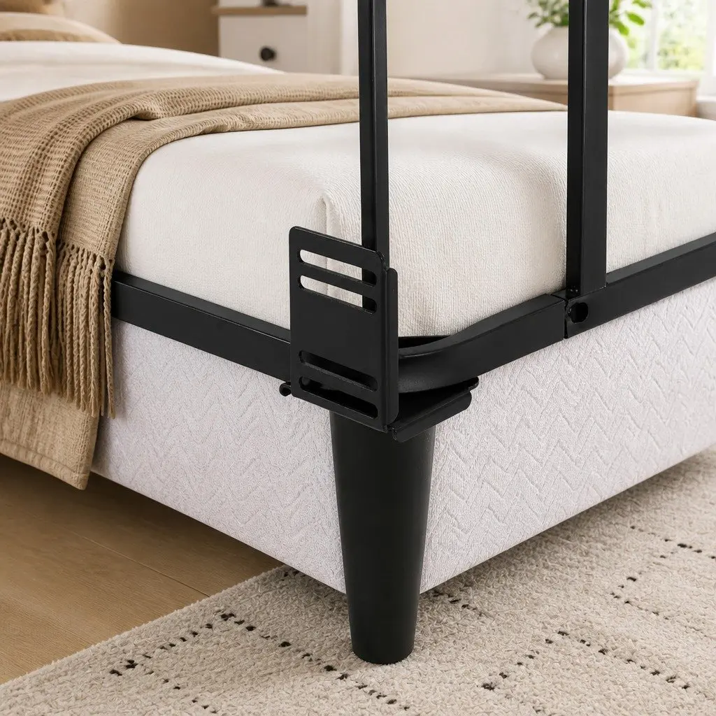 Metal Bed Frame King Size Grey Fabric Cover Sturdy Slat Support Platform